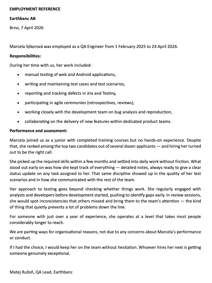 Employment reference letter from Earthbanc AB confirming Marcela Sýkorová's role as QA Engineer from February 2025 to April 2026, signed by Matej Ružoň, QA Lead.